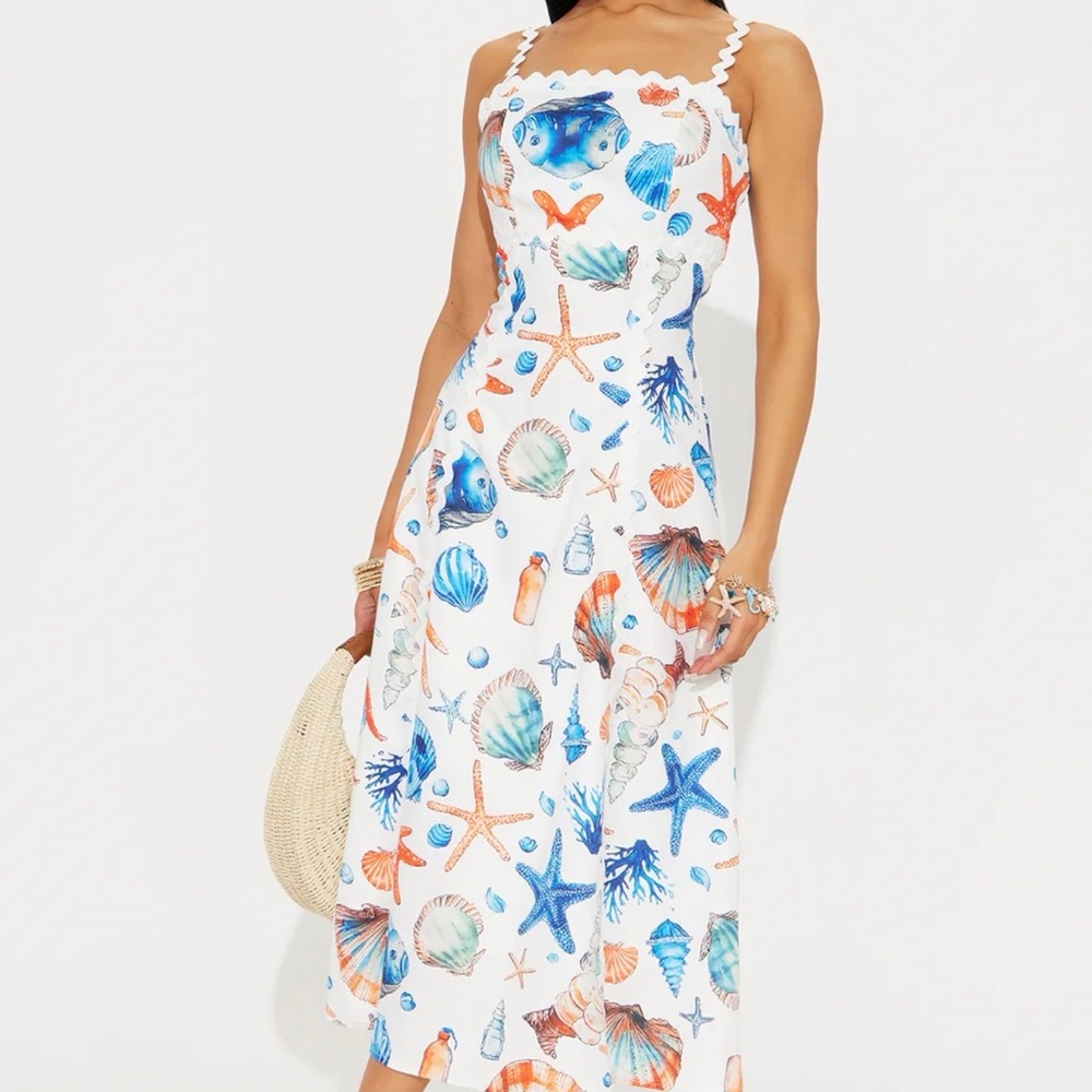 Fashion Nova White Maxi Dress with Seashell Print